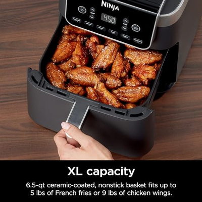 Ninja | Air Fryer | 6.5 QT Pro XL Capacity fits 9lbs of Wings | 6-in-1 Max Crisp, Air Fry, Roast, Bake, Reheat & Dehydrate | Nonstick Basket, Crisper Plate & Recipe Guide | Grey | AF181 (Black, 6.5 QT MAX)