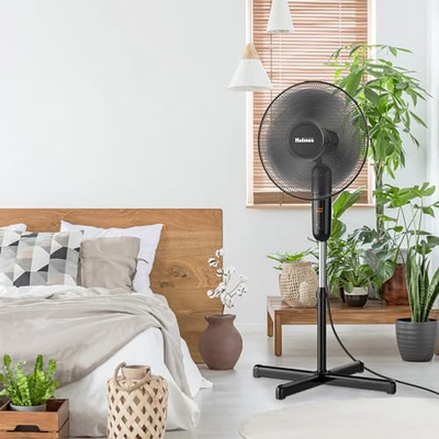 HOLMES 16" Digital Stand Fan, 80° Oscillation, 3 Speeds, 3 Modes, 7.5 Hour Timer, Adjustable Height, 30° Adjustable Head Tilt, Ideal for Home, Bedroom or Office, Remote Control, Black