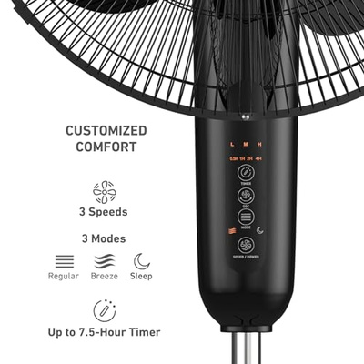HOLMES 16" Digital Stand Fan, 80° Oscillation, 3 Speeds, 3 Modes, 7.5 Hour Timer, Adjustable Height, 30° Adjustable Head Tilt, Ideal for Home, Bedroom or Office, Remote Control, Black