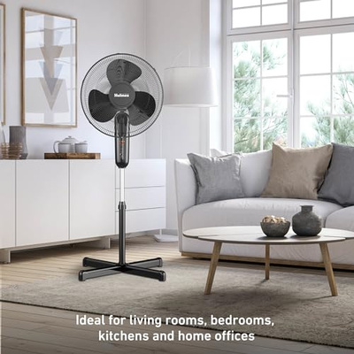 HOLMES 16" Digital Stand Fan, 80° Oscillation, 3 Speeds, 3 Modes, 7.5 Hour Timer, Adjustable Height, 30° Adjustable Head Tilt, Ideal for Home, Bedroom or Office, Remote Control, Black