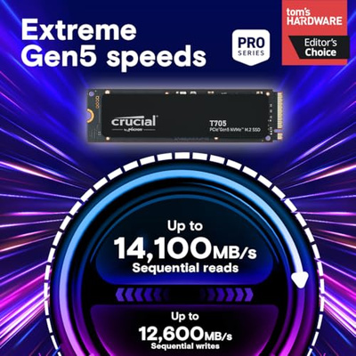 Crucial T705 4TB PCIe Gen5 NVMe M.2 SSD - Up to 14,100 MB/s - Game Ready - Internal Solid State Drive (PC) - +1mo Adobe CC - CT4000T705SSD3 (4TB, T705 Without Heatsink)