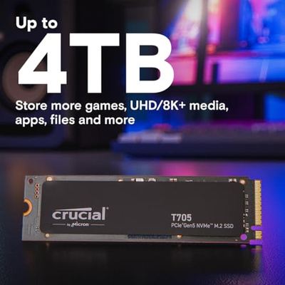 Crucial T705 4TB PCIe Gen5 NVMe M.2 SSD - Up to 14,100 MB/s - Game Ready - Internal Solid State Drive (PC) - +1mo Adobe CC - CT4000T705SSD3 (4TB, T705 Without Heatsink)