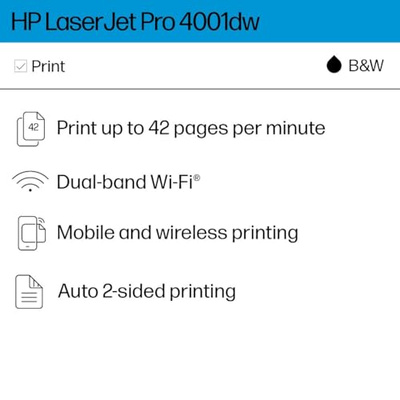 HP LaserJet Pro 4001dw Wireless Black & White Printer, Best-for-Office (2Z601F) (New Version: LaserJet Pro 4001dw)