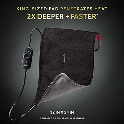 Sunbeam AdvancedHeat King-Sized Heating Pad, Sunbeam Heating Pad for Tough Pain Relief (Black, 12 x 24 Inch)