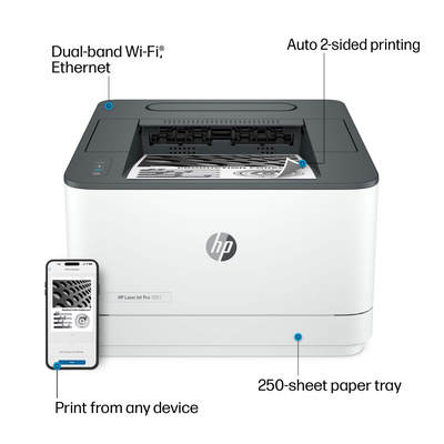 HP - LaserJet Pro 3001dw Wireless Black-and- Laser Printer - White