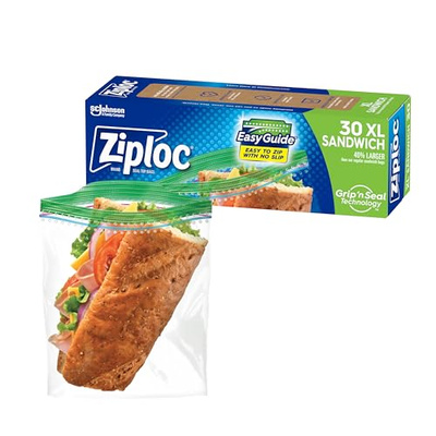 Ziploc XL Sandwich and Snack Bags with EasyGuide Texture, Plastic Storage Bags with Grip 'n Seal Technology, 30 Bags Total (30 Count)