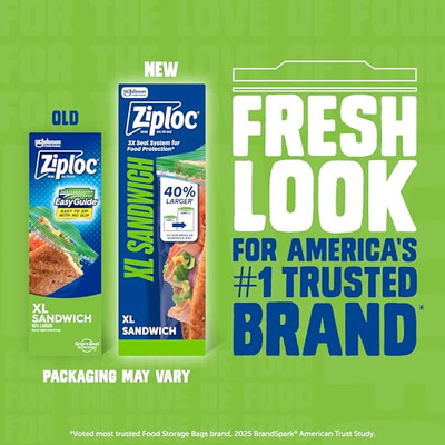 Ziploc XL Sandwich and Snack Bags with EasyGuide Texture, Plastic Storage Bags with Grip 'n Seal Technology, 30 Bags Total (30 Count)