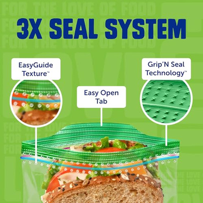 Ziploc XL Sandwich and Snack Bags with EasyGuide Texture, Plastic Storage Bags with Grip 'n Seal Technology, 30 Bags Total (30 Count)
