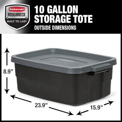 Rubbermaid 3-Pack Garage Storage Bins 18x12 Inch Heavy Duty Storage Bins, Large Capacity - USA Made Stackable Plastic Bins with Lids Black (10 Gal - 6 Pack)
