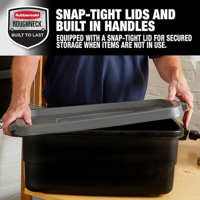 Rubbermaid 3-Pack Garage Storage Bins 18x12 Inch Heavy Duty Storage Bins, Large Capacity - USA Made Stackable Plastic Bins with Lids Black (10 Gal - 6 Pack)