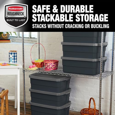 Rubbermaid 3-Pack Garage Storage Bins 18x12 Inch Heavy Duty Storage Bins, Large Capacity - USA Made Stackable Plastic Bins with Lids Black (10 Gal - 6 Pack)