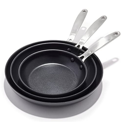 OXO Enhanced, 8" 10" and 12" 3 Piece Frying Pan Skillet Set, Healthy Ceramic Nonstick, PFAS-Free, Stainless Steel Handle, Dishwasher Safe, Oven Safe, Black (8" 10" and 12" Frying Pan Skillet Set, Black)