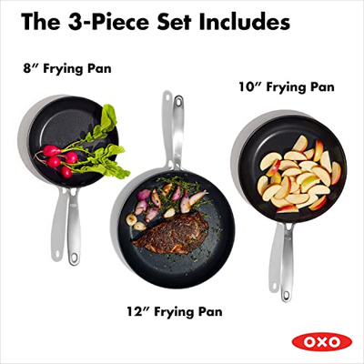 OXO Enhanced, 8" 10" and 12" 3 Piece Frying Pan Skillet Set, Healthy Ceramic Nonstick, PFAS-Free, Stainless Steel Handle, Dishwasher Safe, Oven Safe, Black (8" 10" and 12" Frying Pan Skillet Set, Black)