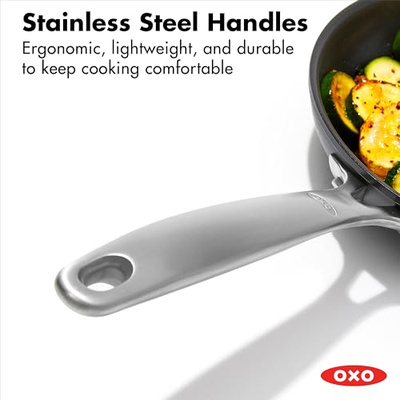 OXO Enhanced, 8" 10" and 12" 3 Piece Frying Pan Skillet Set, Healthy Ceramic Nonstick, PFAS-Free, Stainless Steel Handle, Dishwasher Safe, Oven Safe, Black (8" 10" and 12" Frying Pan Skillet Set, Black)