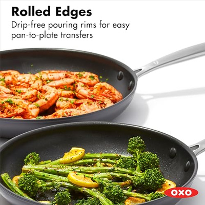 OXO Enhanced, 8" 10" and 12" 3 Piece Frying Pan Skillet Set, Healthy Ceramic Nonstick, PFAS-Free, Stainless Steel Handle, Dishwasher Safe, Oven Safe, Black (8" 10" and 12" Frying Pan Skillet Set, Black)