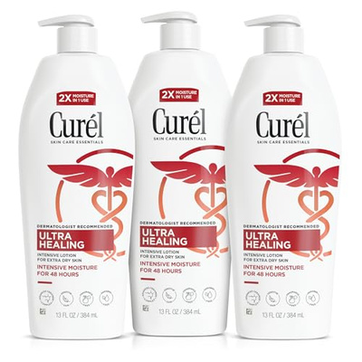 Curel Ultra Healing Intensive Fragrance-Free Lotion For Extra-Dry Skin, Dermatologist Recommended, Ideal for Sensitive Skin, Cruelty Free, Paraben Free, 13 Oz, Pack of 3 (13 Fl Oz (Pack of 3))