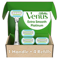 Gillette Venus Platinum Extra Smooth Metal Handle Women's Razor Handle + 4 Blade Refills, Pivoting Head and Ribbon of Moisture (Platinum Handle + 4 Refills)