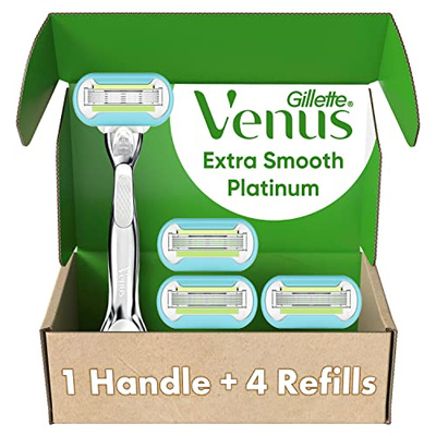 Gillette Venus Platinum Extra Smooth Metal Handle Women's Razor Handle + 4 Blade Refills, Pivoting Head and Ribbon of Moisture (Platinum Handle + 4 Refills)
