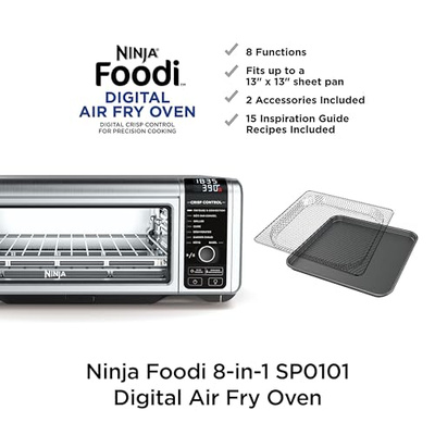 Ninja Digital Air Fry Countertop Oven, 8-in-1 Functionality, 1800W, Flip-Up Design, XL Capacity, Air Fry Basket, Wire Rack & Crumb Tray, Silver, SP101 (8-in-1 Flip Oven)