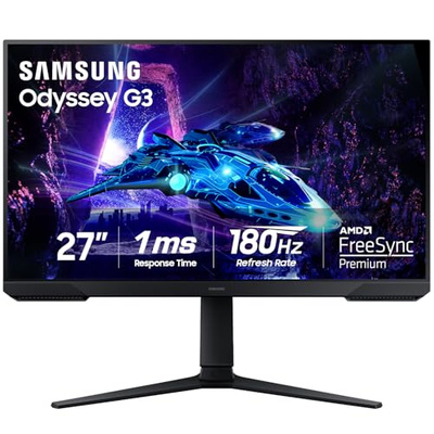 Samsung 27-Inch Odyssey G3 (G30D) Series FHD Gaming Monitor, 1ms, 180Hz, AMD FreeSync, Adjustable Stand, Black Equalizer, Virtual Aim Point, Eye Saver Mode, Flicker-Free, LS27DG302ENXZA (27-inch)