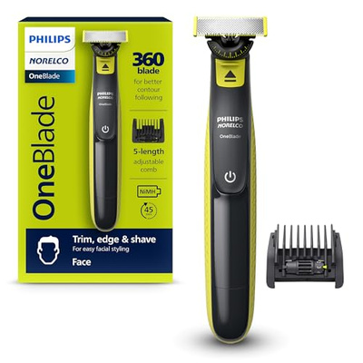 Philips Norelco OneBlade 360 Hybrid Face, Electric Beard Trimmer and Shaver, with 360 Blade Technology, 1x 360 Blade for Face, 5in1 Adjustable Comb, Model QP2724/90 (Black & Lime Green, OneBlade 360 Face)