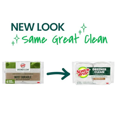 Scotch-Brite Greener Clean Non-Scratch Scrub Sponge, 6 Nonscratch Kitchen Sponges for Cleaning Around the Home, Bathroom & More, Most Durable Recycled Dish Scrubber, Best for Nonstick Pots and Pans