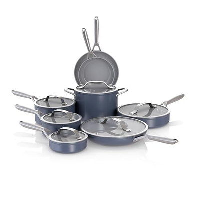 Ninja Ceramic Pro 14-Piece Cookware Set, Non-Stick Pots & Pans Set with Glass Lids, Nontoxic, PTFE Free, Ceramic Coated, Oven Safe, All Stovetops & Induction Compatible, Midnight Blue, CW39014MM (14 piece, Midnight Blue)
