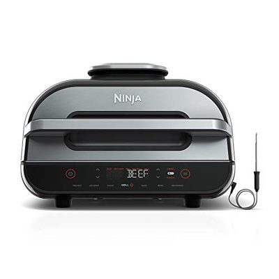 Ninja | Indoor Grill and Air Fryer| Foodi Smart XL | 6-in-1 Grill, Air Fry, Roast, Bake, Broil, Dehydrate & Crisp |Smart Thermometer & Splatter Shield | Dishwasher Safe Parts | Black/Silver | FG551 (6-in-1 With Thermometer)