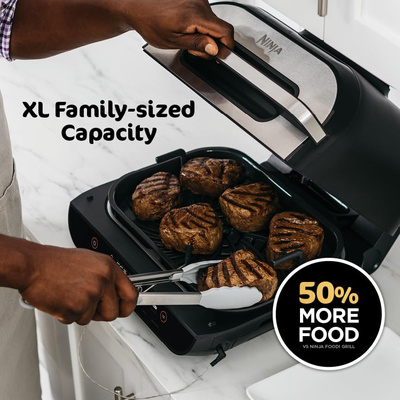 Ninja | Indoor Grill and Air Fryer| Foodi Smart XL | 6-in-1 Grill, Air Fry, Roast, Bake, Broil, Dehydrate & Crisp |Smart Thermometer & Splatter Shield | Dishwasher Safe Parts | Black/Silver | FG551 (6-in-1 With Thermometer)