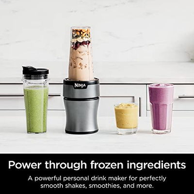 Ninja BN301 Nutri-Blender Plus Compact Personal Blender, 900-Peak-Watt Motor, Frozen Drinks, Smoothies, Sauces & More, (3) 20 oz. To-Go Cups, (2) Spout-Lids (1) Storage-Lid, Dishwasher Safe, Silver (Push to blend + 3 cups)