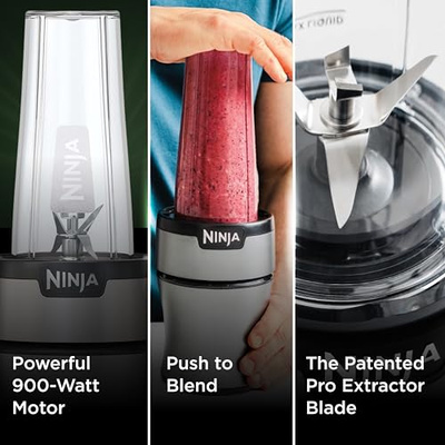 Ninja BN301 Nutri-Blender Plus Compact Personal Blender, 900-Peak-Watt Motor, Frozen Drinks, Smoothies, Sauces & More, (3) 20 oz. To-Go Cups, (2) Spout-Lids (1) Storage-Lid, Dishwasher Safe, Silver (Push to blend + 3 cups)