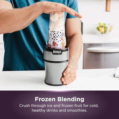 Ninja BN301 Nutri-Blender Plus Compact Personal Blender, 900-Peak-Watt Motor, Frozen Drinks, Smoothies, Sauces & More, (3) 20 oz. To-Go Cups, (2) Spout-Lids (1) Storage-Lid, Dishwasher Safe, Silver (Push to blend + 3 cups)