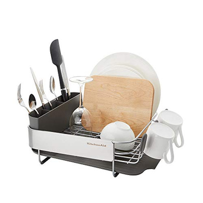 KitchenAid Compact, Space Saving Rust Resistant Dish Rack, with Angled Self Draining Drain Board and Removable Flatware Caddy, 16.06-Inch, Gray (Gray, 16.06-Inch)