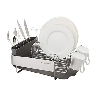 KitchenAid Compact, Space Saving Rust Resistant Dish Rack, with Angled Self Draining Drain Board and Removable Flatware Caddy, 16.06-Inch, Gray (Gray, 16.06-Inch)