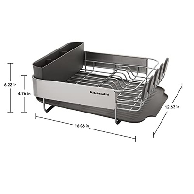 KitchenAid Compact, Space Saving Rust Resistant Dish Rack, with Angled Self Draining Drain Board and Removable Flatware Caddy, 16.06-Inch, Gray (Gray, 16.06-Inch)