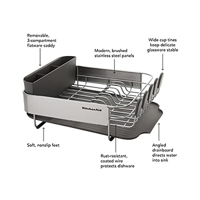 KitchenAid Compact, Space Saving Rust Resistant Dish Rack, with Angled Self Draining Drain Board and Removable Flatware Caddy, 16.06-Inch, Gray (Gray, 16.06-Inch)