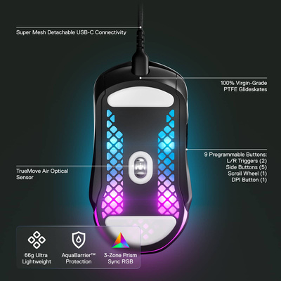 SteelSeries - Aerox 5 Ultra Lightweight Honeycomb Water Resistant Wired RGB Optical Gaming Mouse With 9 Programmable Buttons - Wired - Black