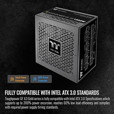 Thermaltake Toughpower GF A3 1050W, True 600W 12VHPWR Connectors on PSU & NVIDIA RTX 40 Series, ATX 3.0/PCI-E 5.0, 80+ Gold, SLI/Crossfire Ready Power Supply, PS-TPD-1050FNFAGU-L, 10 Year Warranty (Gold (ATX 3.0), 1050W, Black)