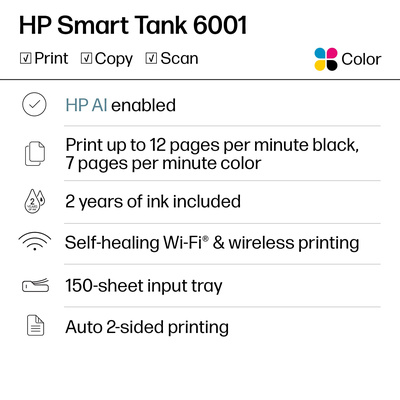 HP - Smart Tank 6001 Wireless AI-Enabled AiO Supertank Inkjet Printer w/ up to 2 Years of Ink Included, Perfect for School - Basalt