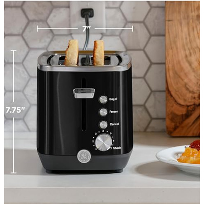 GE 2 Slice Black Stainless Steel Toaster, Extra Wide Slots for Toasting Bagels, Breads, Waffles & More, 7 Adjustable Shade Settings, Removable Crumb Tray, Countertop Kitchen Essentials, 850 Watts (2-Slice, Black)