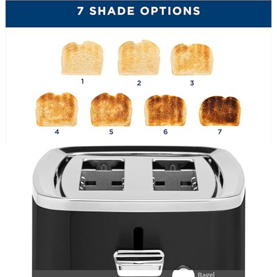 GE 2 Slice Black Stainless Steel Toaster, Extra Wide Slots for Toasting Bagels, Breads, Waffles & More, 7 Adjustable Shade Settings, Removable Crumb Tray, Countertop Kitchen Essentials, 850 Watts (2-Slice, Black)