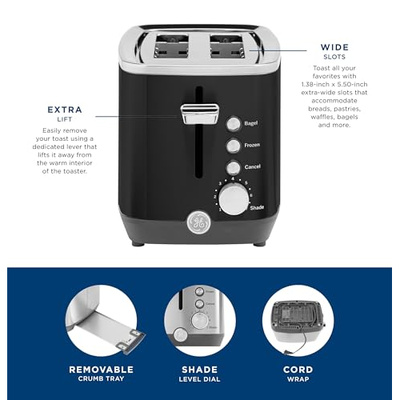 GE 2 Slice Black Stainless Steel Toaster, Extra Wide Slots for Toasting Bagels, Breads, Waffles & More, 7 Adjustable Shade Settings, Removable Crumb Tray, Countertop Kitchen Essentials, 850 Watts (2-Slice, Black)