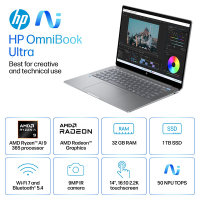 HP - OmniBook Ultra - Copilot+ PC - 14" 2.2K Touch-Screen Laptop - AMD Ryzen AI 9 365 - 32GB Memory - 1TB SSD - Meteor Silver