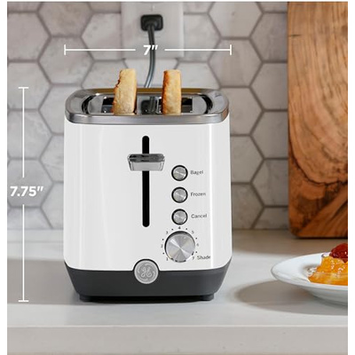 GE 2 Slice Toaster, Extra Wide Slots for Toasting Bagels, Breads, Waffles & More, 7 Adjustable Shade Settings, Removable Crumb Tray, Countertop Kitchen Essentials, 850 Watts, White (2-Slice, White)