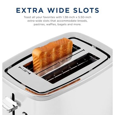 GE 2 Slice Toaster, Extra Wide Slots for Toasting Bagels, Breads, Waffles & More, 7 Adjustable Shade Settings, Removable Crumb Tray, Countertop Kitchen Essentials, 850 Watts, White (2-Slice, White)