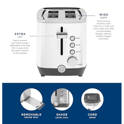 GE 2 Slice Toaster, Extra Wide Slots for Toasting Bagels, Breads, Waffles & More, 7 Adjustable Shade Settings, Removable Crumb Tray, Countertop Kitchen Essentials, 850 Watts, White (2-Slice, White)