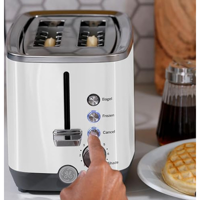 GE 2 Slice Toaster, Extra Wide Slots for Toasting Bagels, Breads, Waffles & More, 7 Adjustable Shade Settings, Removable Crumb Tray, Countertop Kitchen Essentials, 850 Watts, White (2-Slice, White)