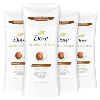 Dove Advanced Care Antiperspirant Deodorant Stick Shea Butter 4 ct with Pro ceramide technology for helping skin barrier repair after shaving 72 hour odor control sweat protection stick 2.6 oz (2.6 Ounce (Pack of 4), Shea Butter)