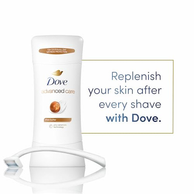 Dove Advanced Care Antiperspirant Deodorant Stick Shea Butter 4 ct with Pro ceramide technology for helping skin barrier repair after shaving 72 hour odor control sweat protection stick 2.6 oz (2.6 Ounce (Pack of 4), Shea Butter)
