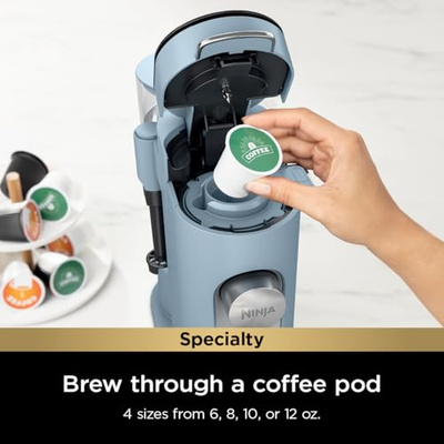 Ninja Pod & Grounds Specialty XL Single-Serve Coffee Maker, K-Cup Pod Compatible, Brews Grounds, Compact Design, Built-In Milk Frother, 68-oz. Reservoir, 6oz. Cup-24oz. Mug Sizes, Denim Blue, PB055ABL (XL Blue)